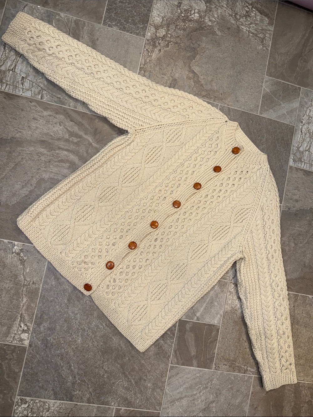 Vintage wool blend 1970s Classic Cream Cable Knit Button-Up Sweater